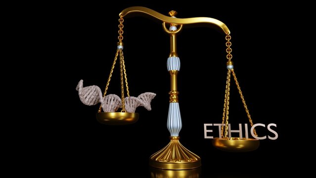 3D rendering of an isolated bioethics concept with a sense of scale on a black background.