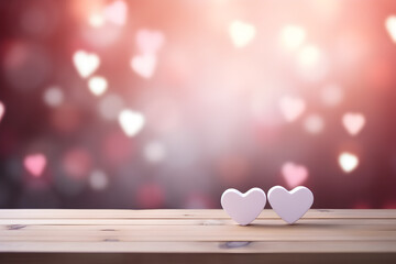valentines day themed background with empty pastel color wooden table for product display, bokeh lights, copy space, hearts in the background