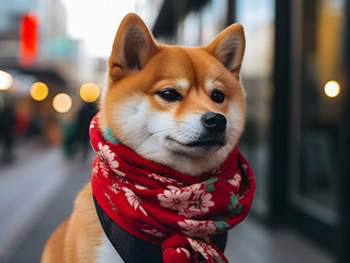 Shiba dog in bandana japan dog on street