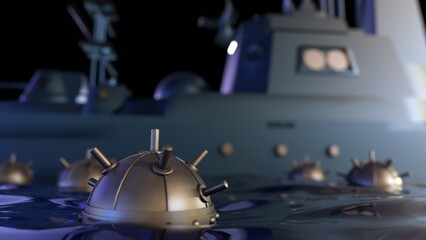 A 3D rendering of a sea mine, also known as a naval mine placed in water and a warship.