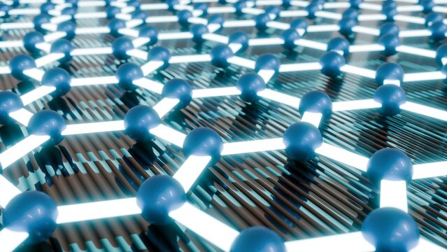 3D rendering of a honeycomb pattern resembling a molecule structure on a black grid textured background.