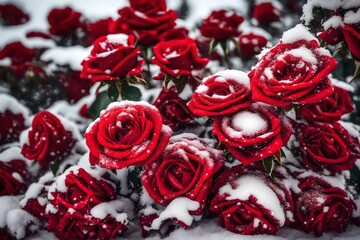 bouquet of red roses in snow