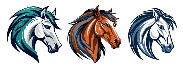 set of mascot logos, cartoon horse head - obrazy, fototapety, plakaty