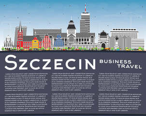 Szczecin Poland city skyline with color buildings, blue sky and copy space. Szczecin cityscape with landmarks. Travel and tourism concept with modern and historic architecture.