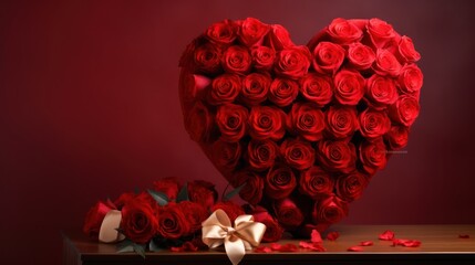 Big bouquet of red roses red heart shape red background