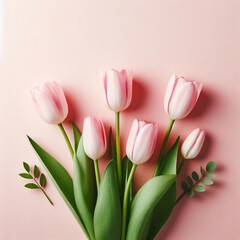 Obraz premium Pink tulips on light rose background. Happy Easter. Greeting card for women's or mother's day or spring sale banner. Valentine's Day, Birthday celebration concept. Flat lay, top view with copy space 