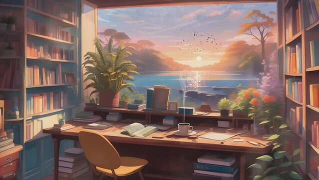 reading room with table, chairs, books with beautiful sea view from the window. Cartoon or Japanese anime watercolor illustration painting style. seamless looping 4K virtual video animation background