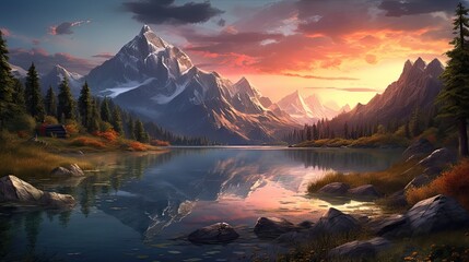 Fototapeta na wymiar sunset in the mountains at calm lake that creates