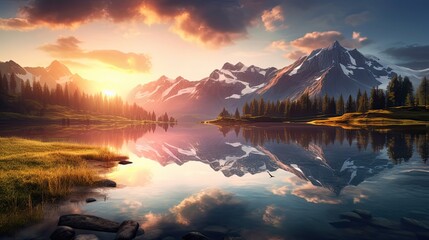 sunset in the mountains at calm lake that creates