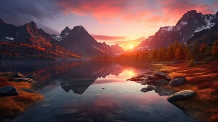 sunset in the mountains at calm lake that creates
