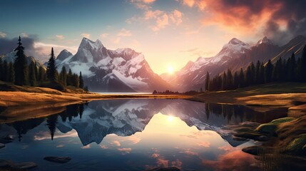 Fototapeta na wymiar sunset in the mountains at calm lake that creates