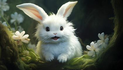 a super cute and happy white fairy bunny - obrazy, fototapety, plakaty