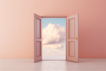 A pastel pink open door in a pink wall showing the sky and clouds.