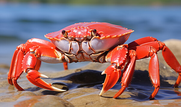 Red rock crab on the shore of the river, close-up.