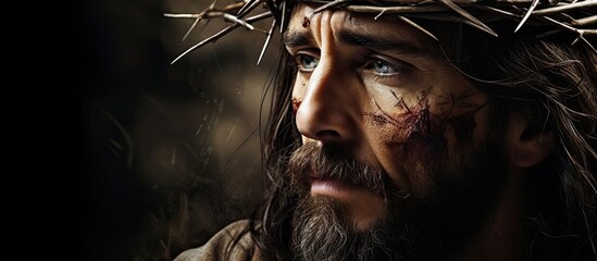 Jesus Christ enduring suffering with crown of thorns during his passion. - obrazy, fototapety, plakaty