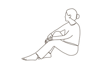 Line art of woman sitting on floor huging knees lonely with face turned away at home. sad mental health.