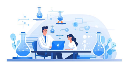 Scientist, tablet and teamwork in science experiment, results or collaboration on computer at the laboratory. Woman and man mentor in medical research working together on pc with scien. generative AI.