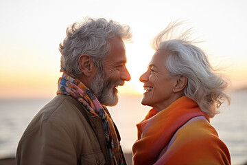 Happy smiling mature senior couple posing together looking at each other