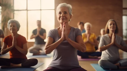Poster Pilates, wellness and group of senior women doing a mind, body and spiritual exercise in studio. Health, retirement and elderly friends doing yoga workout in zen class for peace, balance and fitness. © Jasper W