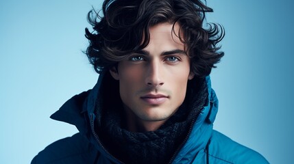 Handsome brunette young man with curly hair smiling to the camera isolated on blue background with copy space, good looking model portrait.