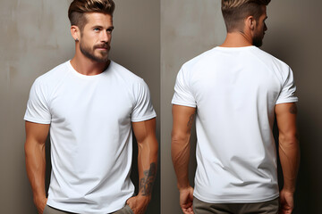 Handsome  man wearing a white casual t-shirt. Behind and front view of a mockup t-shirt for design print ai generated art.  - obrazy, fototapety, plakaty