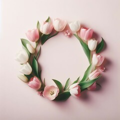 Frame with tulip flowers on clear light pink background. Greeting circle card design for holiday, Mother's day, Easter, Valentine day. Springtime composition with copy space. Flat lay, top view 