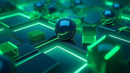 3d rendering of green and blue abstract geometric background. Scene for advertising, technology, showcase, banner, game, sport, cosmetic, business, metaverse. Sci-Fi Illustration. Product display