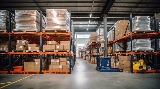 distribution storage warehouse background illustration supply facility, goods shelving, organization space distribution storage warehouse background
