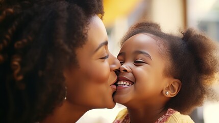 Close-up of a beautiful daughter kissing her mother on the cheek. Young African girl kisses happy mother Cute black girl kisses cheerful woman - obrazy, fototapety, plakaty