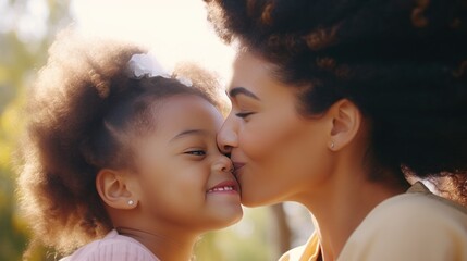 Close-up of a beautiful daughter kissing her mother on the cheek. Young African girl kisses happy mother Cute black girl kisses cheerful woman - obrazy, fototapety, plakaty