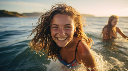 Captivating teenage girl and friends playing with the waves in the blue sea at beginning of summer time