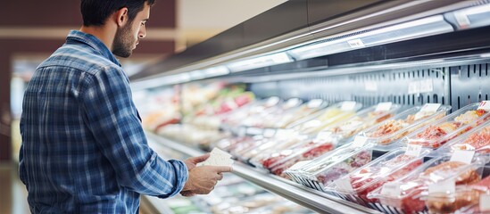 Man selecting frozen food, checking labels