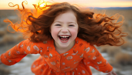 Young girl with auburn hair dressed with an orange color dress stands a top a hill, her face radiating joy and freedom with big smile - obrazy, fototapety, plakaty