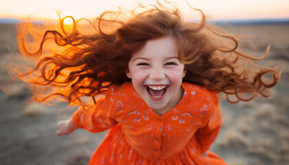 Young girl with auburn hair dressed with an orange color dress stands a top a hill, her face radiating joy and freedom with big smile - obrazy, fototapety, plakaty
