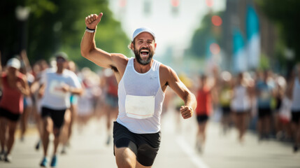 Marathon man runner wearing white tank top arriving to the finish line with happiness and completion expression after the long effort