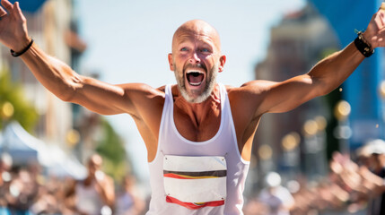 Marathon man runner wearing white tank top arriving to the finish line with happiness and...