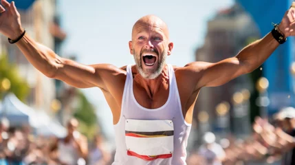 Fotobehang Marathon man runner wearing white tank top arriving to the finish line with happiness and completion expression after the long effort © Keitma
