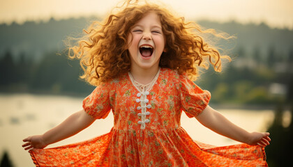 Young girl with auburn hair dressed with an orange color dress stands a top a hill, her face radiating joy and freedom with big smile