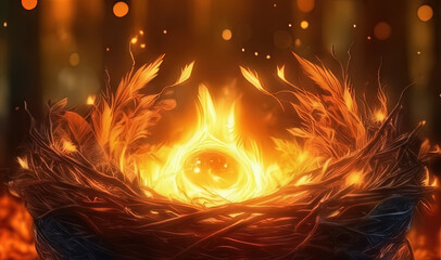 Abstract fire element in dark forest, nest burning. Generative Ai.