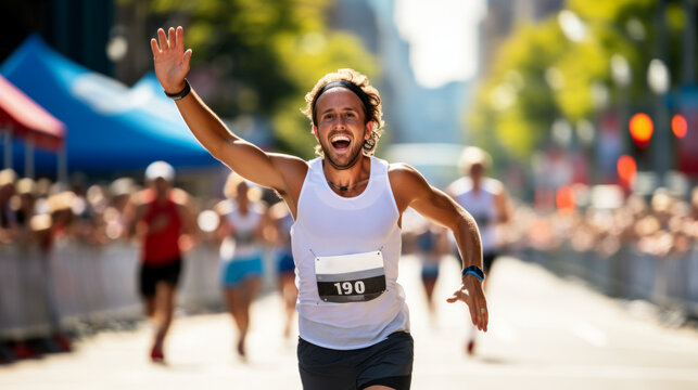 Marathon man runner wearing white tank top arriving to the finish line with happiness and completion expression after the long effort