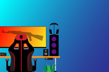 Gaming computer on desk in video gamer room vector illustration