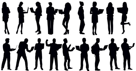 Silhouette of business people working. Set of businessman and woman working  on their laptop. 