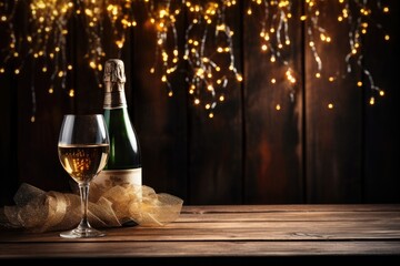 A bottle of champagne with a glass, a bouquet of red roses on a warm background, holiday lights on the background, beautiful bokeh