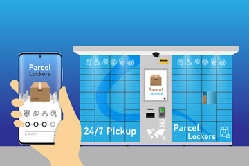 Automated parcel locker with self-service terminal display and mailbox cells - modern method of delivery. Vector illustration - obrazy, fototapety, plakaty