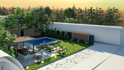 Entwurf eines Resorts mit Außengastronomie: Terrasse an einem Swimming Pool (Detail)  - 3D Visualisierung - obrazy, fototapety, plakaty