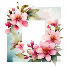 card square border Wedding greetings of cherry blossoms and leaves. Generative AI