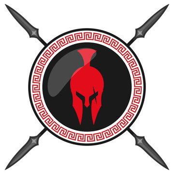 Spartan helmet on shield with spears and shield with greece lambda symbol illustration vector