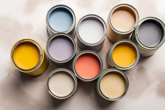 top view of open neutral color cans with paint on a light gray backgrounds
