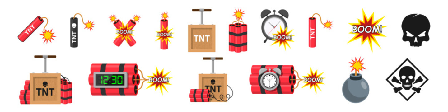 Tnt dynamite. Cartoon bomb with burning wick and explosive detonator, red stick mining blast charge, destroy firecracker fuse burning cable vector illustration