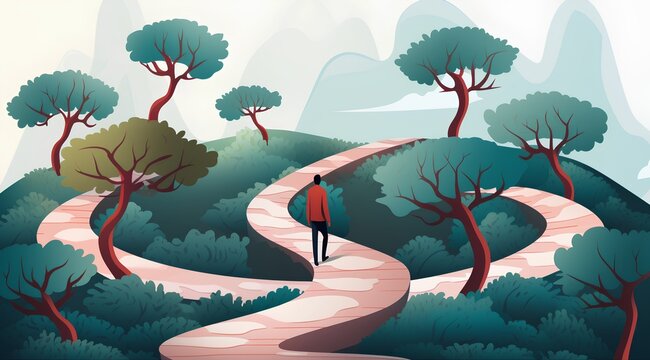 A solitary individual stands at the start of a winding path symbolizing a career journey, with the road branching off into multiple directions, representing lifes choices and opportunities.